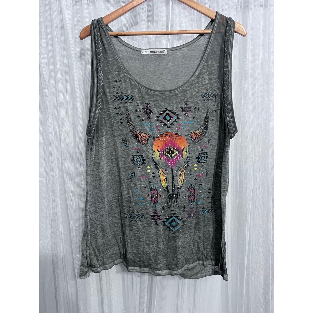 Maurices Grey Burnout Bull Skull Graphic Tank Top Braided Straps Size 2